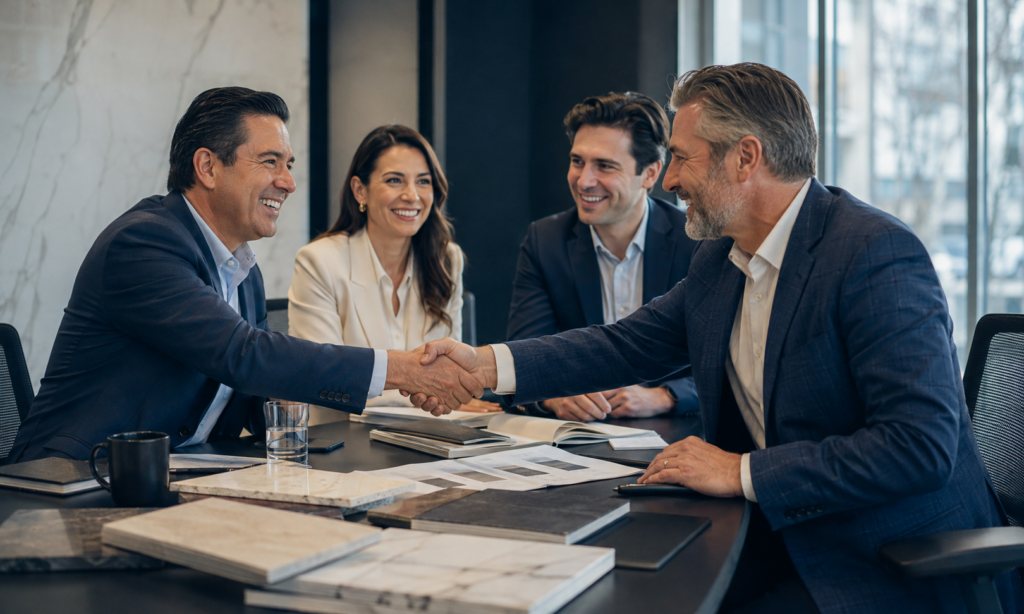 Mexican, Canadian, and American business leaders concluding a commercial partnership