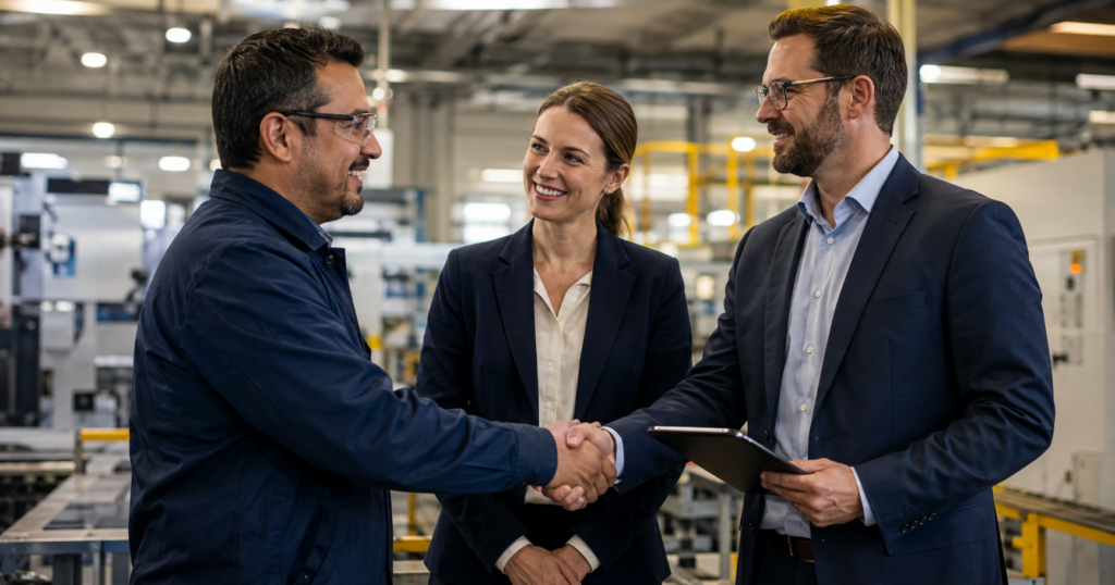 Mexican plant manager with Canadian and American representatives concluding a manufacturing agreement